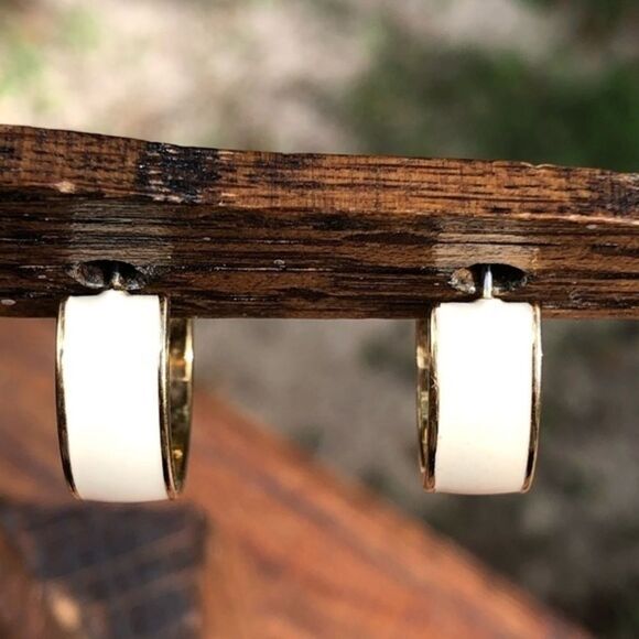 Vintage Monet Gold/ Off White Hoops - Picture 3 of 7